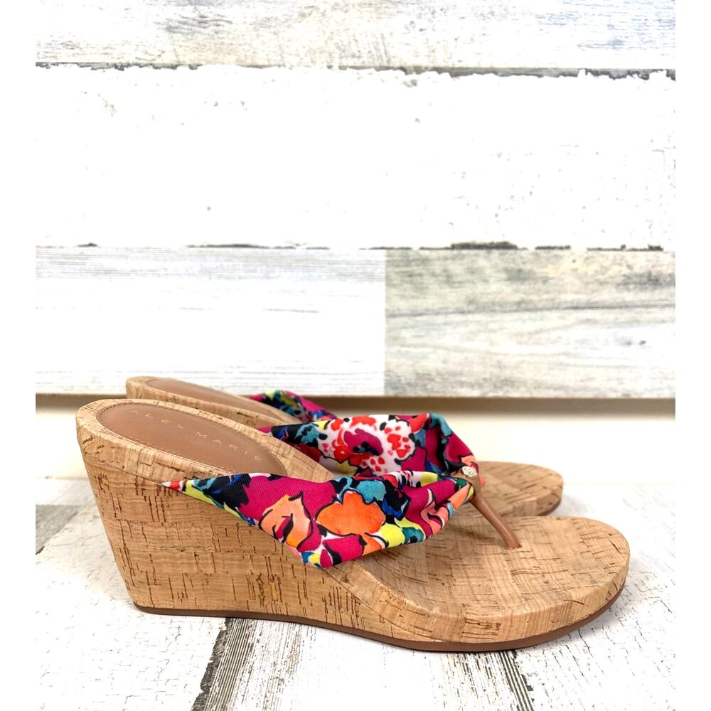 Alex Marie Womens 7.5 Multicolor Floral Fabric Cork Wedge Slip On Sandals NEW